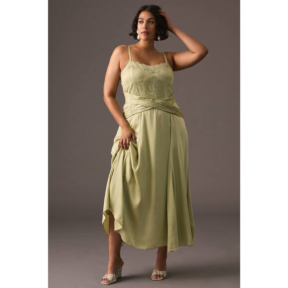 Anthropologie Let Me Be A-Line Lace Trimmed Midi Dress Green Cocktail Sz 1X NWT - Picture 1 of 15